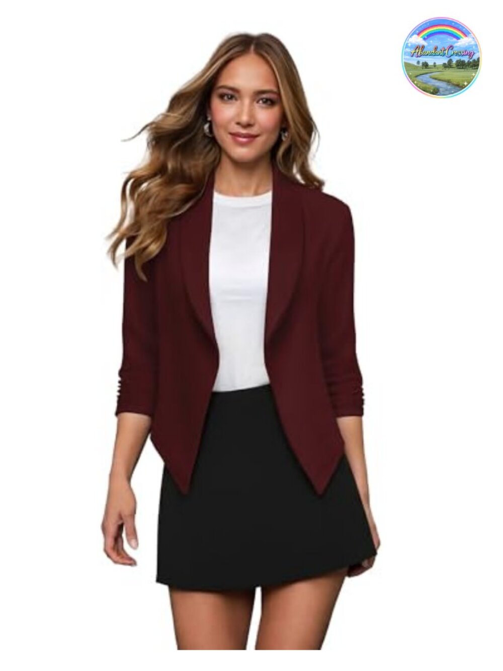 Ruched Sleeve Open Front Blazer Lightweight Polyester Blend Womens Office Work